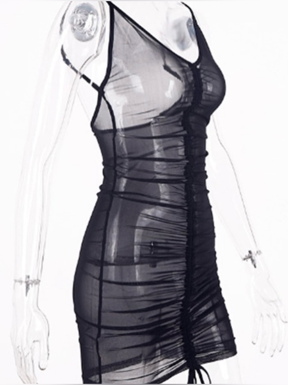 Boutique Black Mesh Ruched Drawstring Bodycon Mini Dress